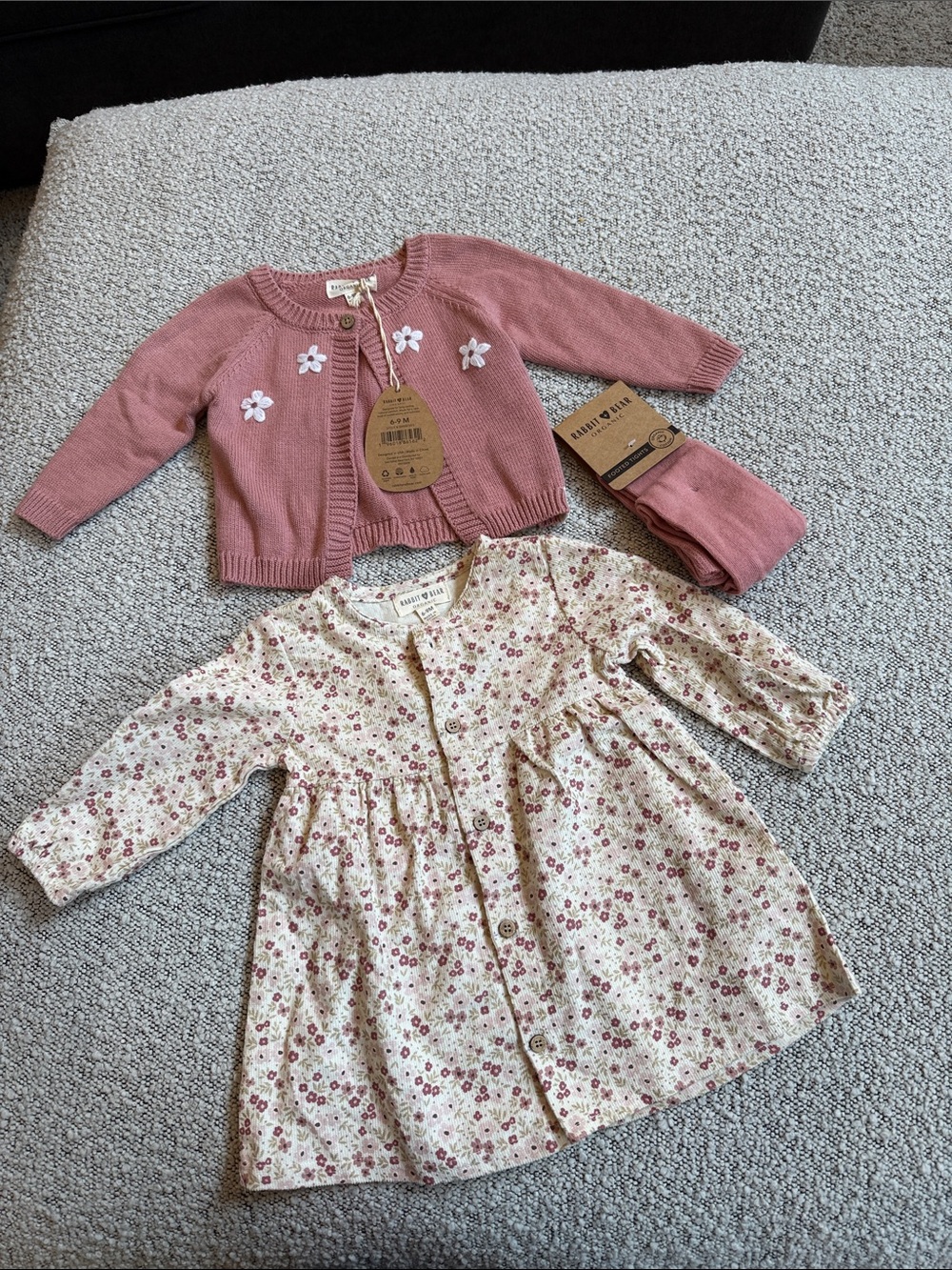 Rabbit, bear, Organic Pink Cardigan & Floral Dress Set for Kids size 6-9 month